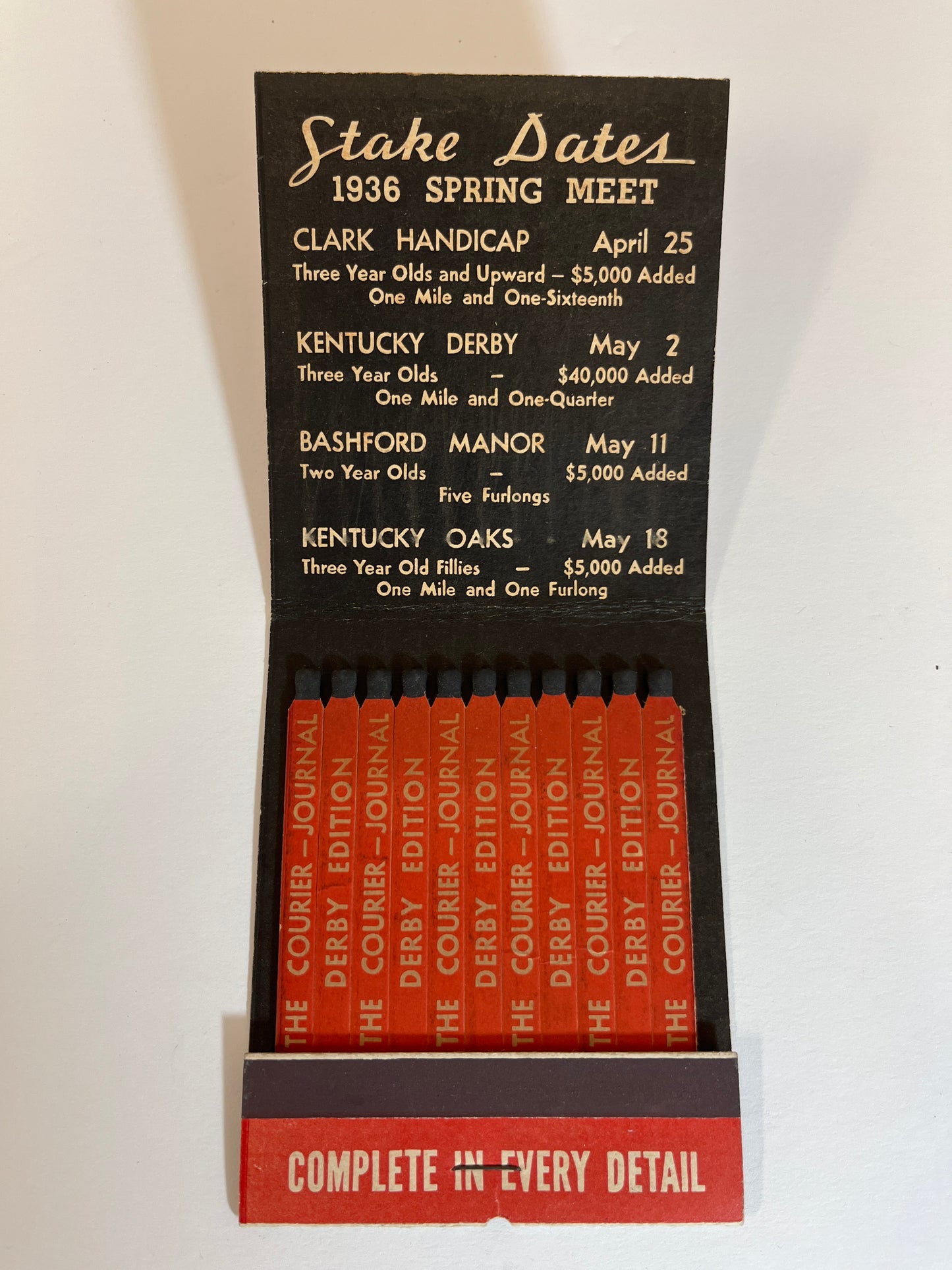 Jumbo Matchbook Vintage 1936 Kentucky Derby Souvenir