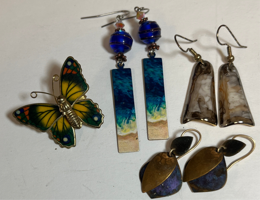 Three Pairs Dangle Earrings and Butterfly Pin