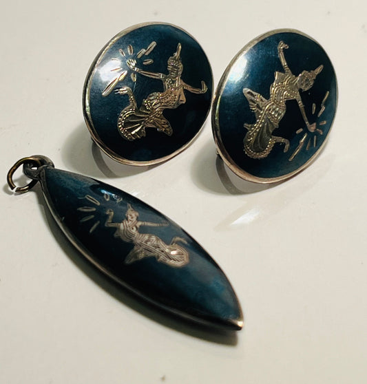 Vintage Sterling Silver Enameled Earring & Pendant Set