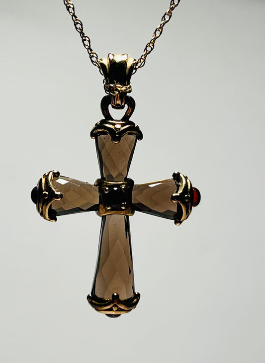 Vermeil Smoky Quartz & Garnet Cross w/Chain