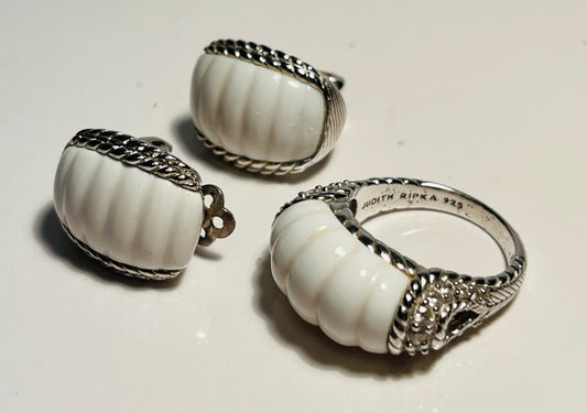 Judith Ripka Sterling Silver & White Agate Earrings & Ring