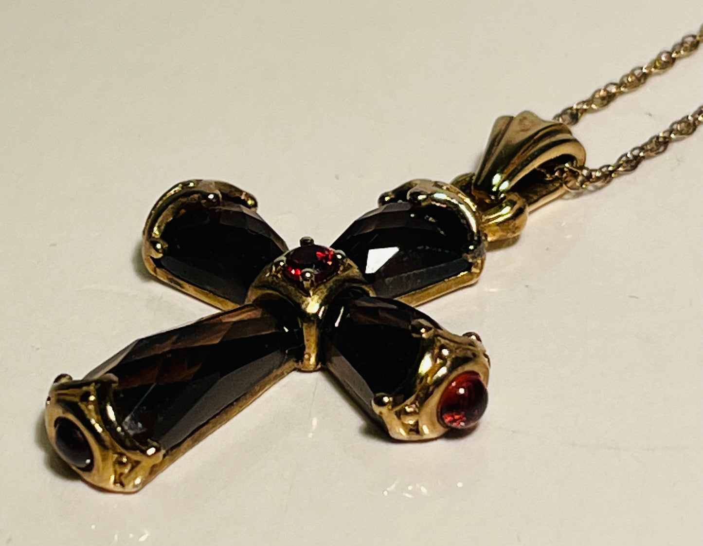 Vermeil Smoky Quartz & Garnet Cross w/Chain