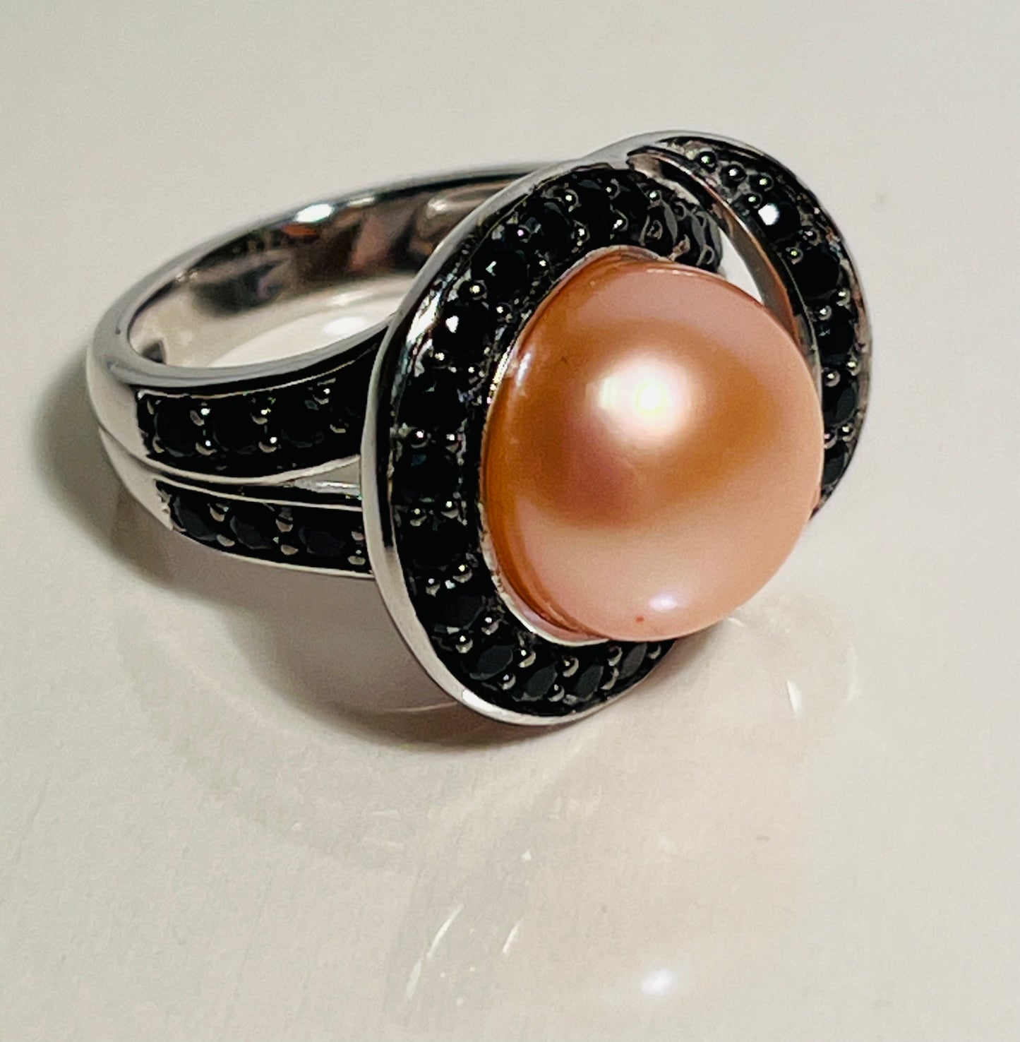 Sterling Silver Pearl & Spinel Ring Size 6.5