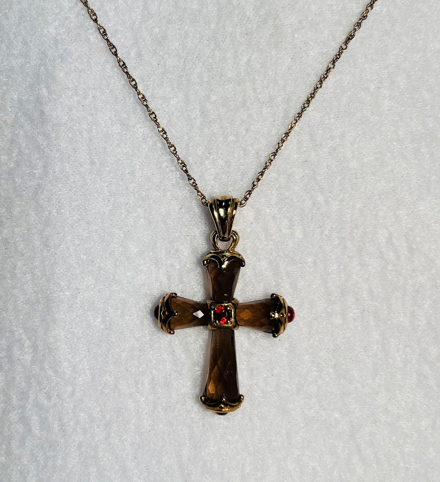 Vermeil Smoky Quartz & Garnet Cross w/Chain