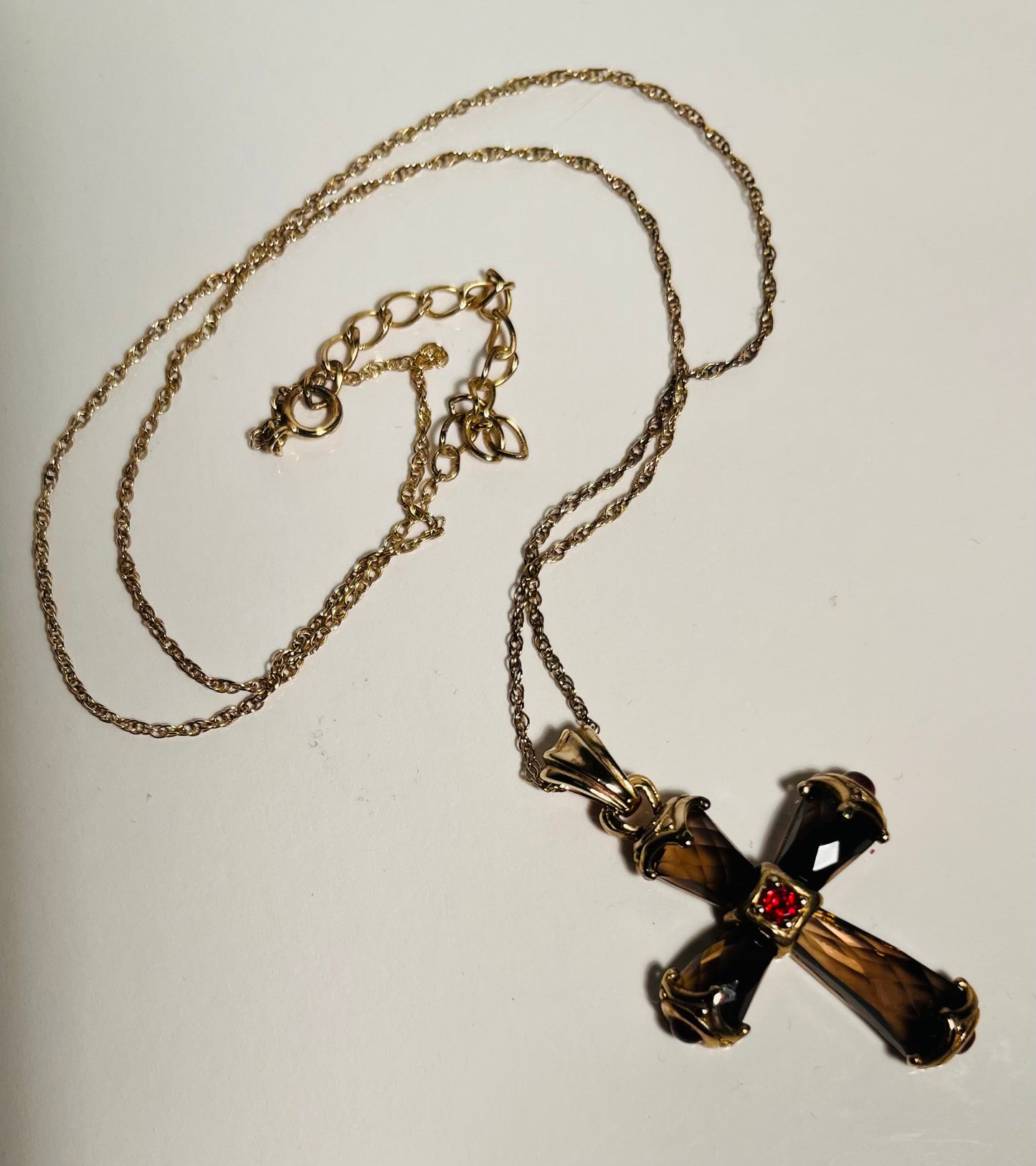 Vermeil Smoky Quartz & Garnet Cross w/Chain