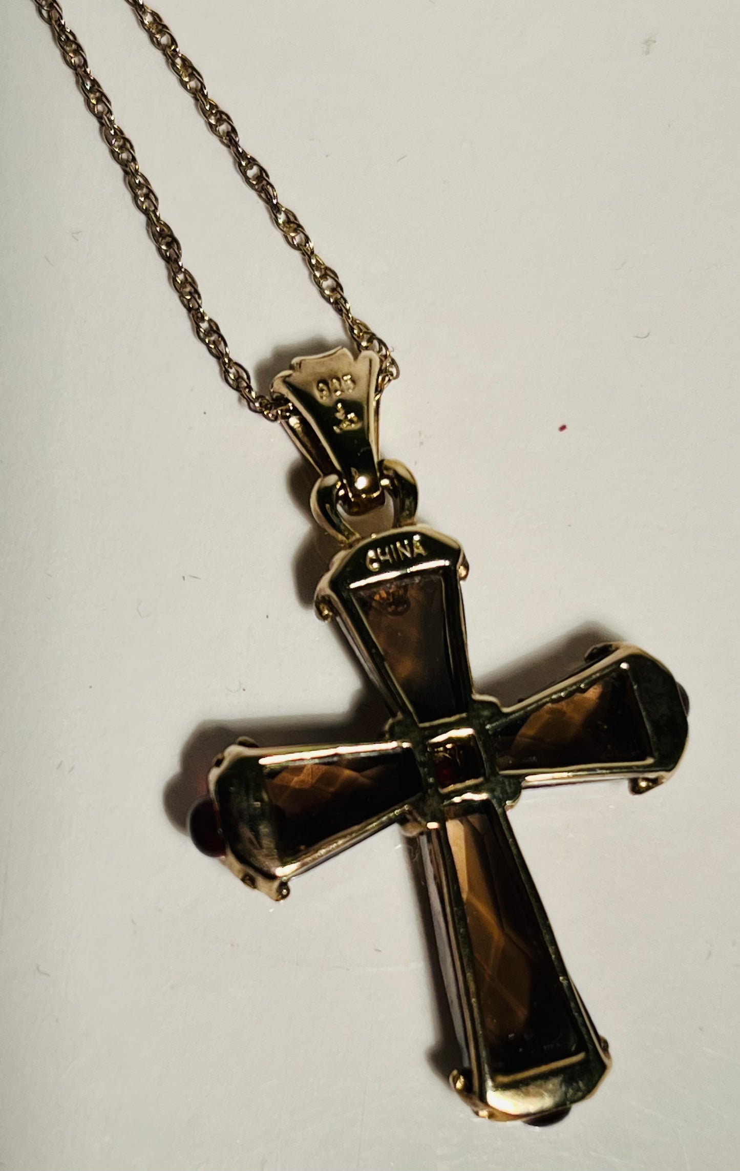 Vermeil Smoky Quartz & Garnet Cross w/Chain