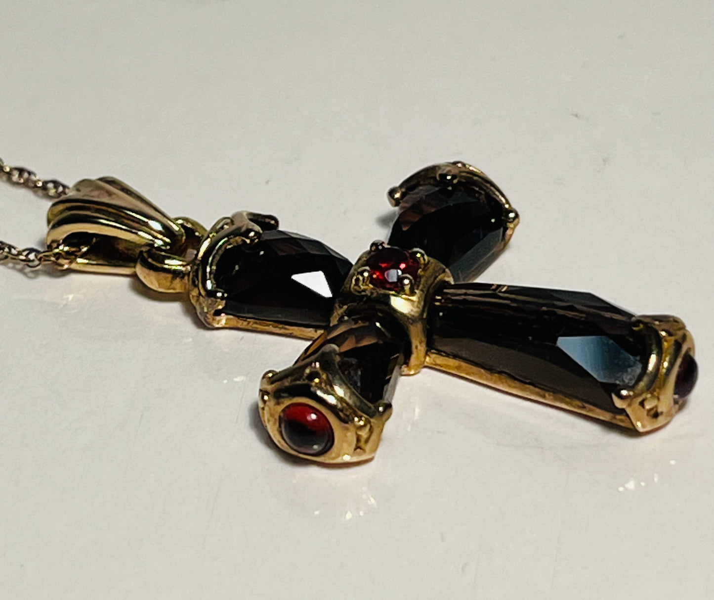 Vermeil Smoky Quartz & Garnet Cross w/Chain